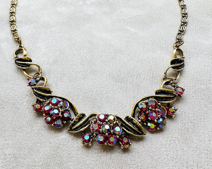 Vintage rhinestone floral necklace, aurora borealis crystals, 1950s costume jewellery, gift for her