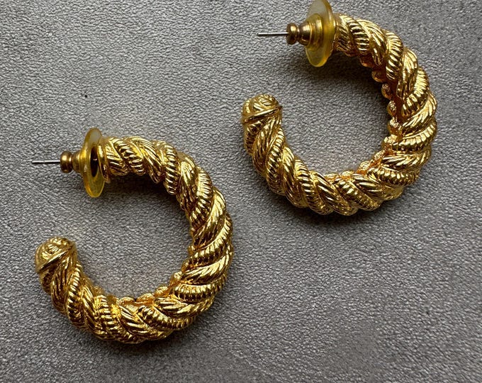 Vintage Rope Twist Hoop Earrings | Bold Gold Tone Statement Hoops | 1980s Unsigned Designer Style