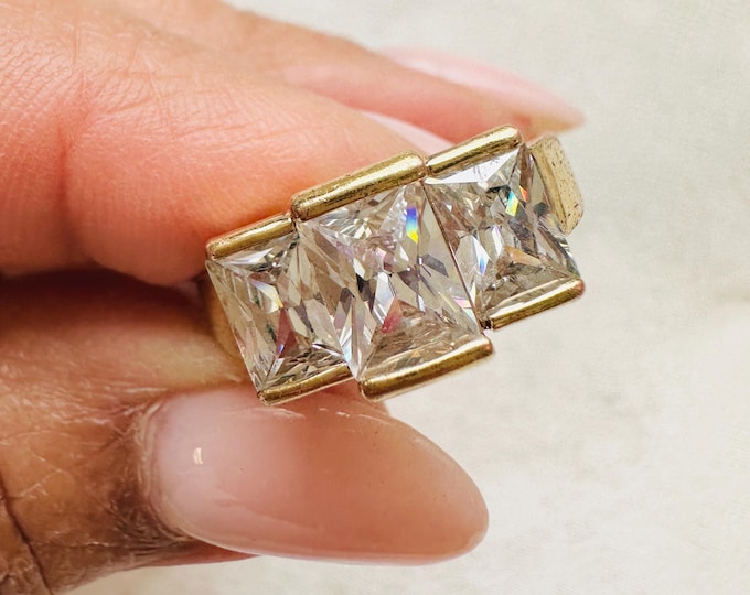 Bold vintage CZ trilogy ring, gold tone, 1980s statement, large square cut stones, well loved sparkle, gift idea, Vintage find