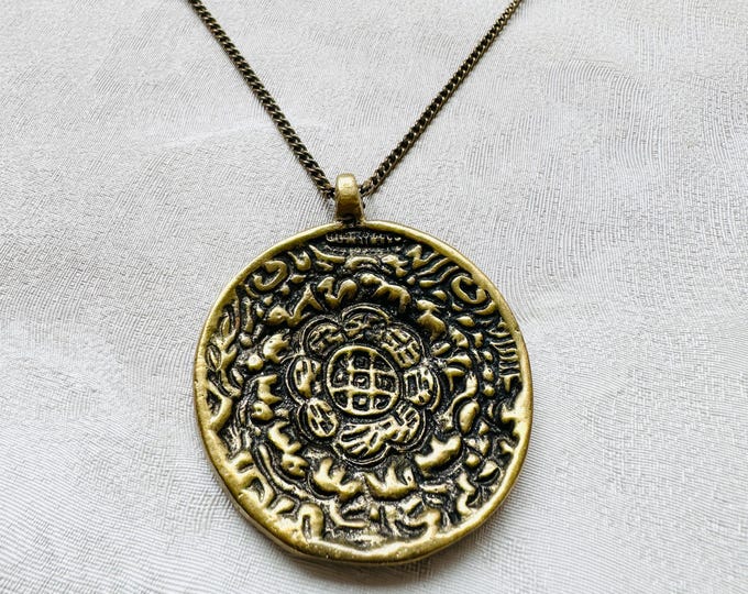Vintage-style large bronze pendant necklace, rustic tribal medallion, antique gold coin charm, statement boho jewellery, 1990s