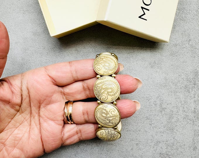 Signed Monet paisley dome bracelet, vintage resin etched gold tone, boho luxe bangle, original box, gift for her, 1990s jewellery