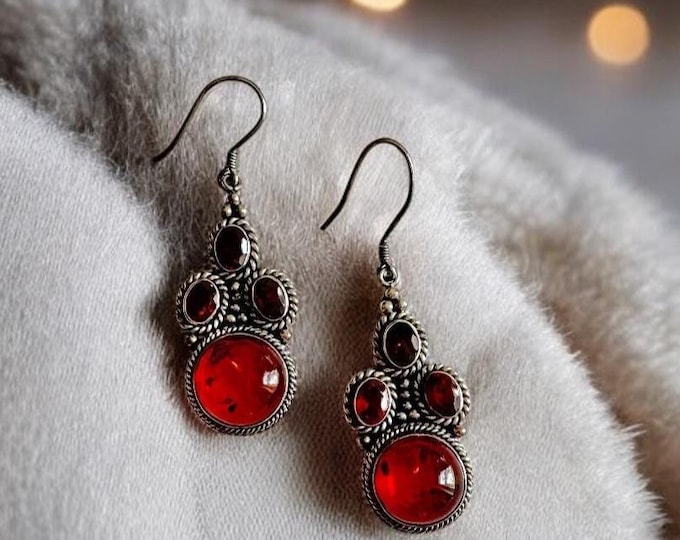 Vintage 1990s Amber Garnet Dangle Earrings, 925 Sterling Silver Drop Earrings, Boho Ornate Statement Jewellery, Real Amber & Garnet Stones