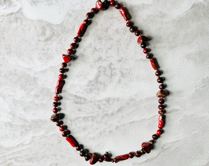 Artisan Ceramic Bead Necklace, Pre-loved 2000s Earth Tone Jewellery, Sculptural Red & Brown Beads, Loop Clasp, Handmade Feel