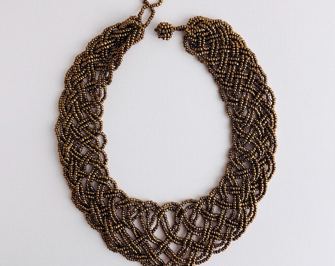 Vintage Beaded Statement Necklace, Tribal Woven Seed Beads Collar, Boho Festival Choker, Beadwork, Bib Necklace, 1990s Bohemian Jewelry