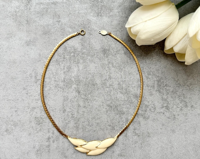 Vintage Napier enamel collar necklace | 1980s cream and gold leaf choker | Signed | Elegant gift for her | re.