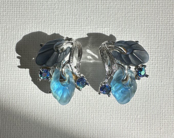 Vintage 1960s, Blue Lucite Clip-On Earrings, Frosted Flower & Aurora Borealis Crystal Drops, Silver Tone Floral Costume Jewellery