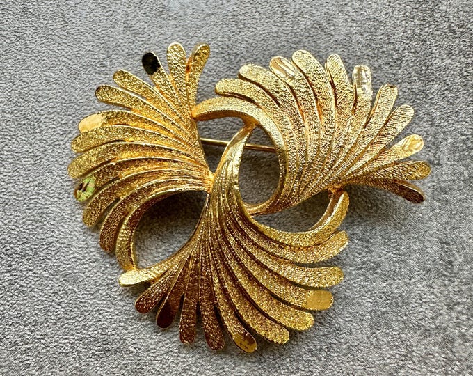 Gold Fan Brooch, Vintage Textured Gold Plated Numbered Jewellery, Mid Century Pin