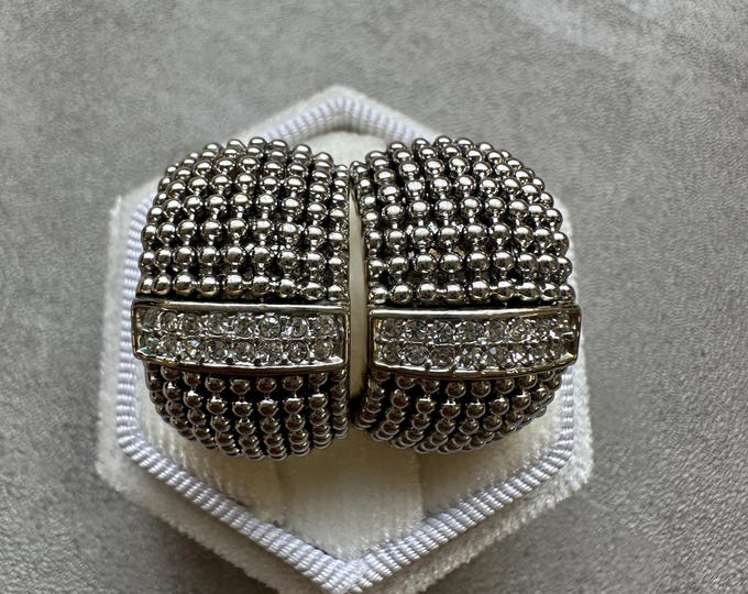 Vintage Ciro Signed Hoop Earrings, Silver & Gold Tone, Crystal Pave, Pierced Statement Hoops, 1990s British Designer Jewellery, Gift for Her