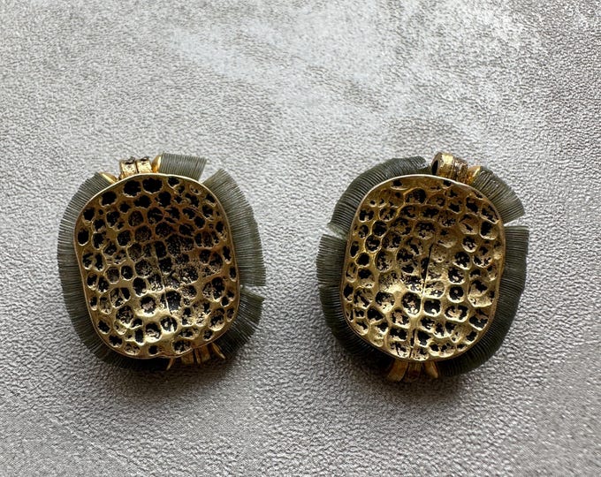 Vintage textured gold clip-on earrings, sculptural 1980s design with sequin trim, unsigned statement jewellery, gift for her