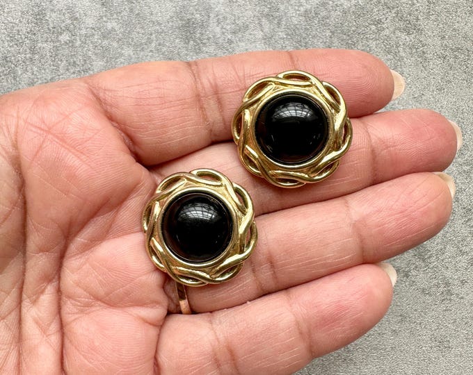 Vintage Trifari Clip On Earrings | Black Cabochon & Gold-Plated Woven Design | Signed 1980s Statement Earrings | Gift for Her