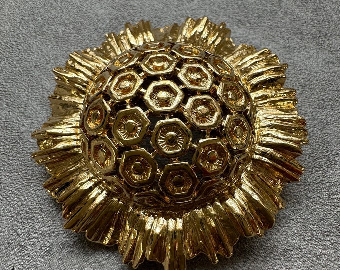 1980s Monet gold plated honeycomb brooch, textured sunburst design, vintage statement jewellery, gift for her, collectible