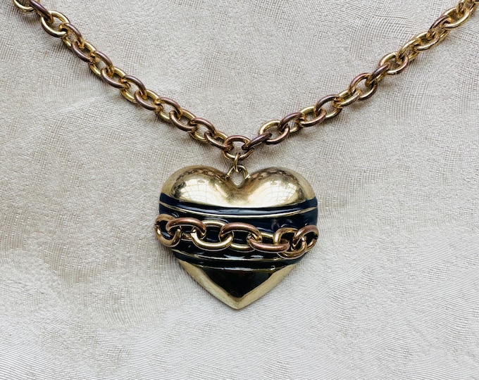 Bold vintage heart necklace, black enamel chain detail, mixed metal, high patina, 1980s style, 24 inch, statement gift for her