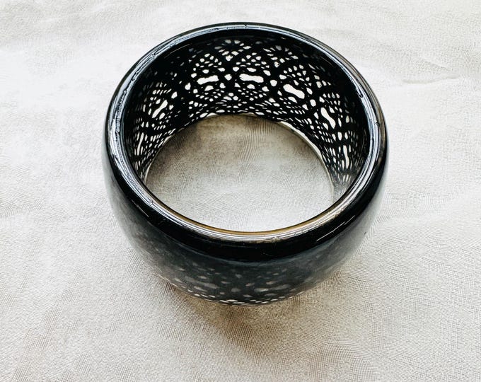 Black Resin Bangle with Real Lace Detail Handmade Style Statement Cuff Gift for