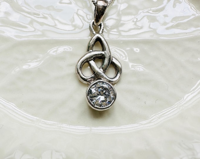 Sterling Silver Celtic Knot Pendant Necklace | 925 Silver Trinity Symbol & CZ | 18” Chain | Spiritual Gift for Her | c.2000s