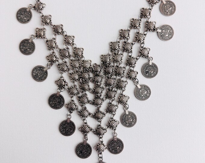 Vintage Inspired, Coin Bib Necklace – Boho Festival Statement in Antique Silver, Tribal Style, Layered Dangle Medallion, Folk Jewellery