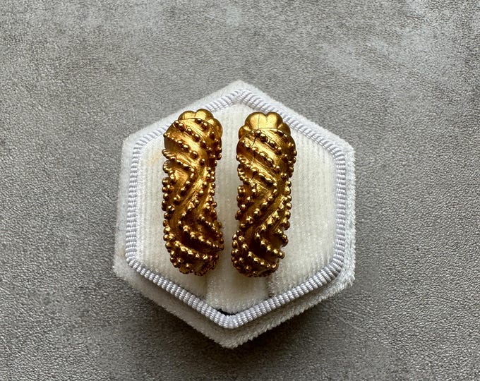 Vintage 1988 FM Signed Gold Tone Pierced Earrings, Sculptural Beaded Swirl Hoops, Vintage 80s Jewellery, Classic Retro Gold, Gift for Her