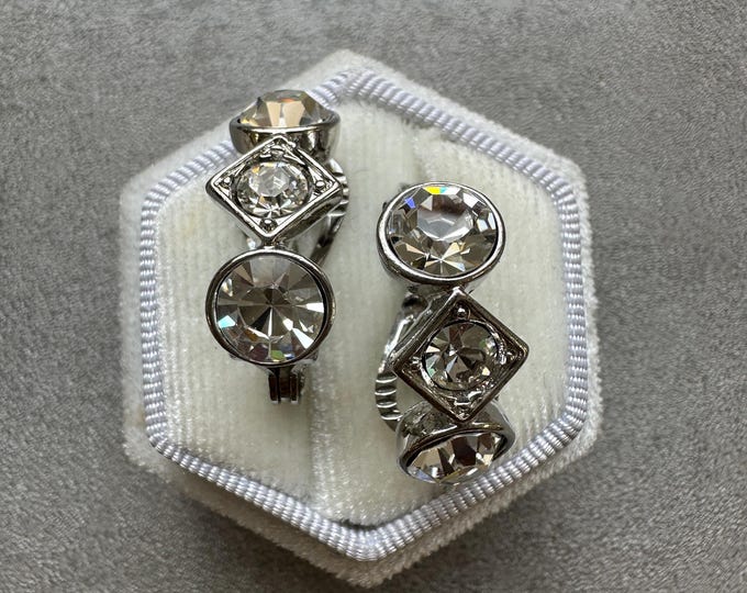 Vintage Monet Pierced Earrings, Silver Tone Rhinestone Drop Design, 1980s Sparkle Statement, Signed Glam Jewellery, Gift for Her