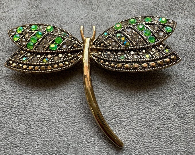1990s Monet dragonfly brooch with green aurora stones and diamanté, signed gold plated insect pin, vintage collectible jewellery