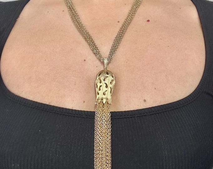 Crown Trifari Vintage Tassel Necklace, Gold Plated Statement Pendant, 1960s Designer Collectible