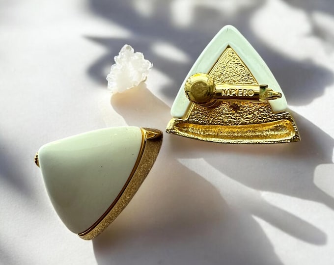 Vintage Napier White Resin Clip On Earrings Geometric Triangle Gold Tone Lightweight Statement Jewellery Designer Signed Earrings