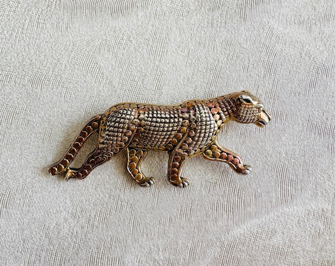 Vintage Leopard Brooch, Big Cat Pin, Gold-Tone Metal, 80s Statement Jewellery, Textured Panther Style, Pre-loved Power Brooch
