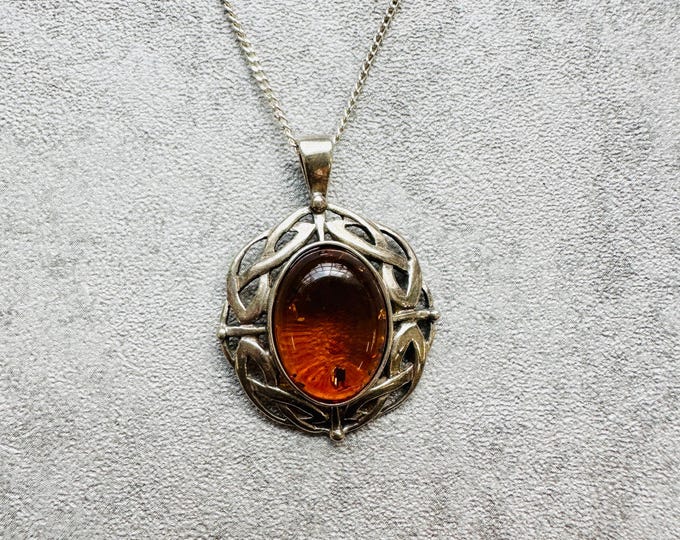 Amber & 925 Silver Pendant | 925 Silver Chain | Natural Amber Gemstone Necklace | Celtic Style | Gift for Her