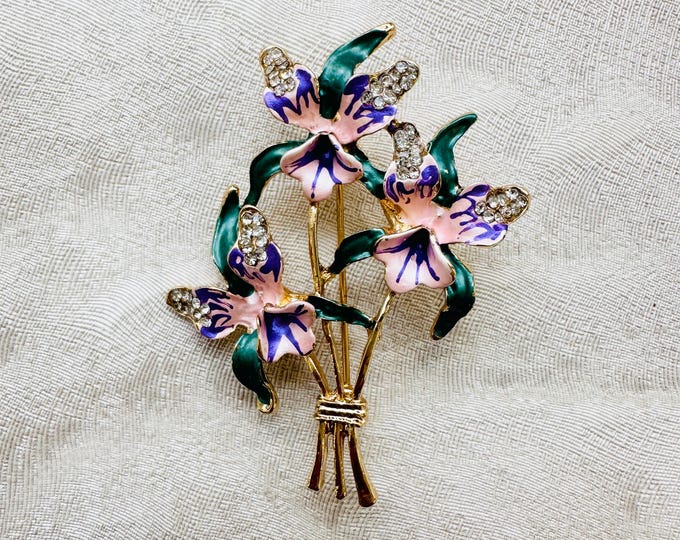 Vintage Enamel Flower Brooch, Lilac & Pink Crystal Bouquet Pin, Spring Summer Costume Jewellery, Pre-Loved Colourful Floral