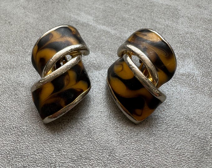 Vintage 1990s Leopard Print Statement Earrings, Sculptural Swirl Clip Ons, Tortoiseshell & Gold Tone, Chunky Retro Jewellery, Gift for Her
