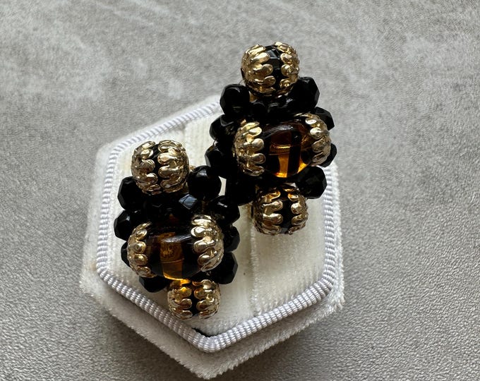 Vintage Vendôme & Jewelcraft, Black and Amber Glass Bead Cluster Clip Ons, Statement Vintage Jewellery, rare Jewellery, One of a Kind Pair