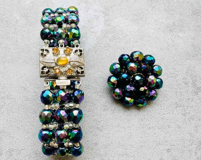 Vintage AB Crystal Bracelet & Brooch Set | Aurora Borealis Gift Set | Mid-Century Glam Jewellery | Gift for Her | 1960