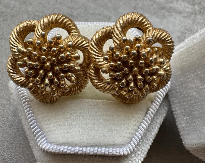 Vintage Trifari 1960s, Gold Plated Clip On Earrings, Mid Century Statement Floral Design, Signed Trifari Jewellery, Gift for Her