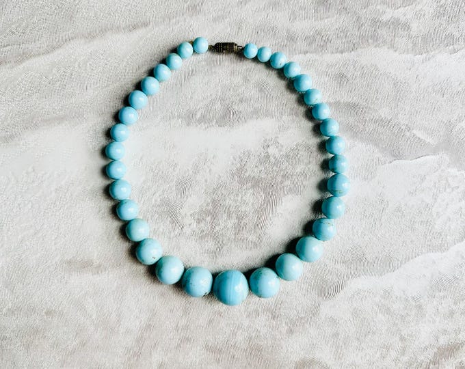Vintage Howlite Bead Necklace, Graduated Turquoise Blue Choker, Barrel Clasp Statement, Retro Summer Jewellery