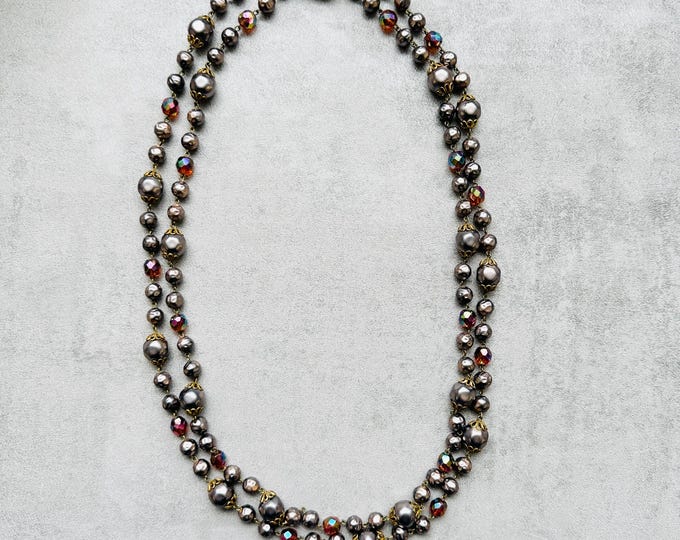 Vintage Double Strand Baroque Style Pearl Necklace | Iridescent Bead & Filigree Cap | 1950s Glass Costume Jewellery | Gift for Her