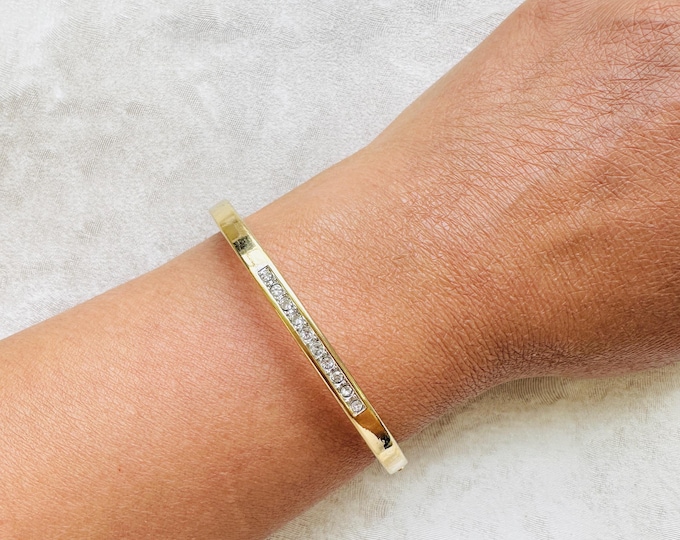 Signed YR gold tone bangle bracelet, diamanté accents, hinged clasp, elegant pre-loved jewellery, gift idea, timeless sparkle