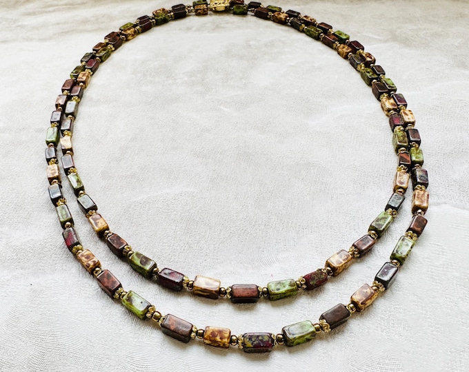 Vintage Ceramic Bead Necklace | Multicolour Double Strand | Gold Box Clasp
