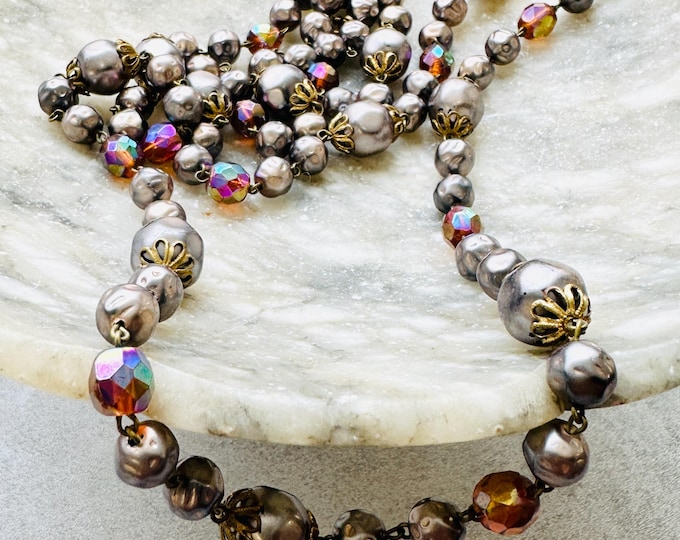 Vintage Double Strand Baroque Style Pearl Necklace | Iridescent Bead & Filigree Cap | 1950s Glass Costume Jewellery | Gift for Her