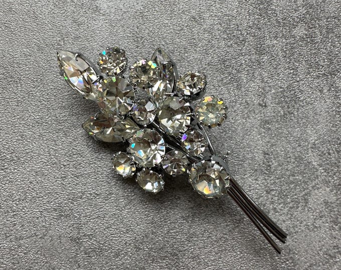 Vintage 1950s Silver Tone Rhinestone Spray Brooch — 7cm Statement Pin