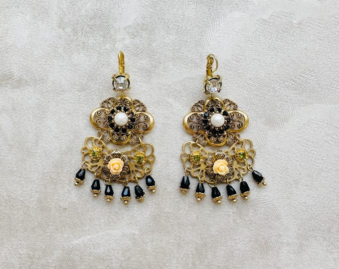 Baroque revival statement earrings, floral filigree drops with black crystal beads, romantic gothic style, one of a kind, gift for her