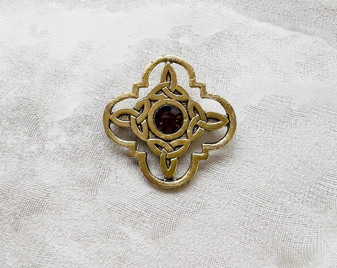 Vintage Celtic-style brooch with amber glass stone | 1990s gift idea