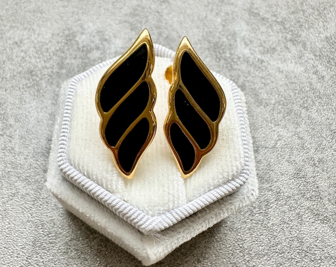 Vintage Napier Enamel Earrings | Black & Gold-Plated Wing Screw Backs | 1980s Bold Statement Jewellery | Signed Gift for Her
