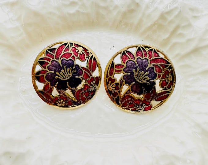 Vintage 1980s Cloisonné Floral Earrings, Purple and Red Enamel Studs, Gold Tone Round Earrings, Romantic Jewellery, Cottage-Core Jewellery