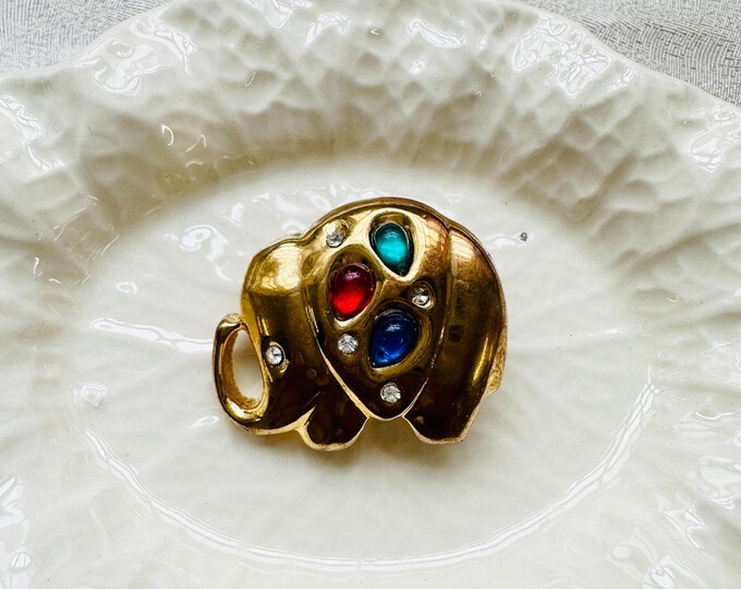 Vintage Elephant Brooch | Gold Tone Lucky Trunk Up Pin | 80s Jewel Tone Cabochon