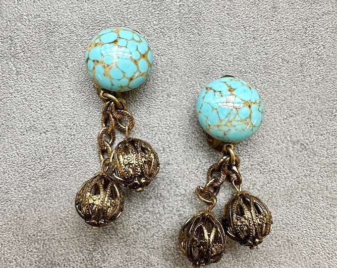 Vintage 1960s Faux Turquoise & Brass Earrings, Filigree Clip-On Statement Earrings, Floral Globe Drops, Retro Costume Jewellery