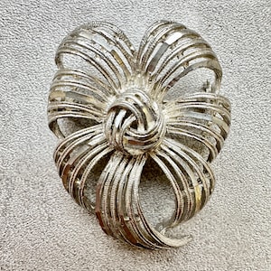 Vintage Sarena Brooch: 1960s Silver Tone Ribbon Pin