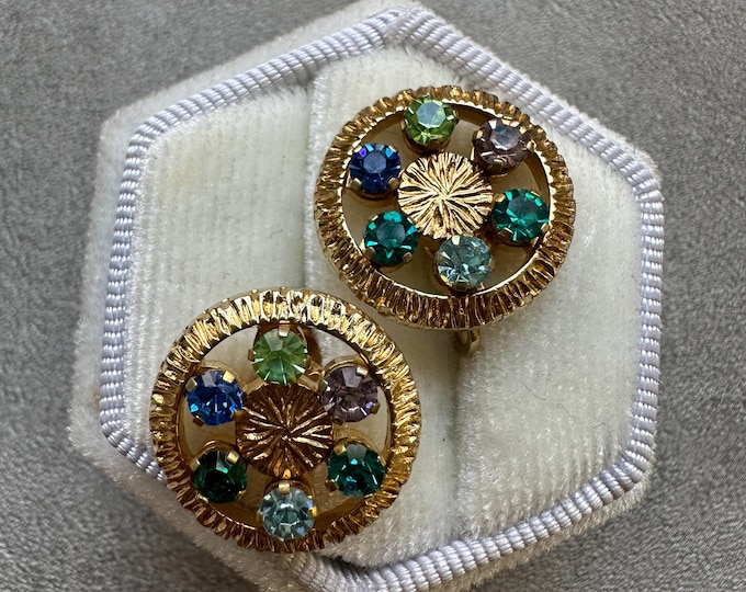 Rare Signed Anson, 1950's Gold Plated Earrings, Rainbow Crystal Screw Back Earrings, Mid-Century Signed Vintage Jewellery, Gift for Her