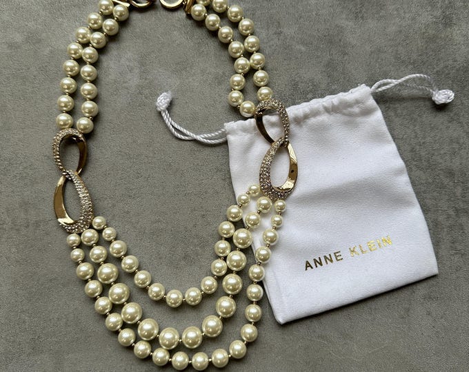 Anne Klein Pearl Beaded Necklace: Vintage Triple Strand Statement Jewelry with Crystal Gold Accents