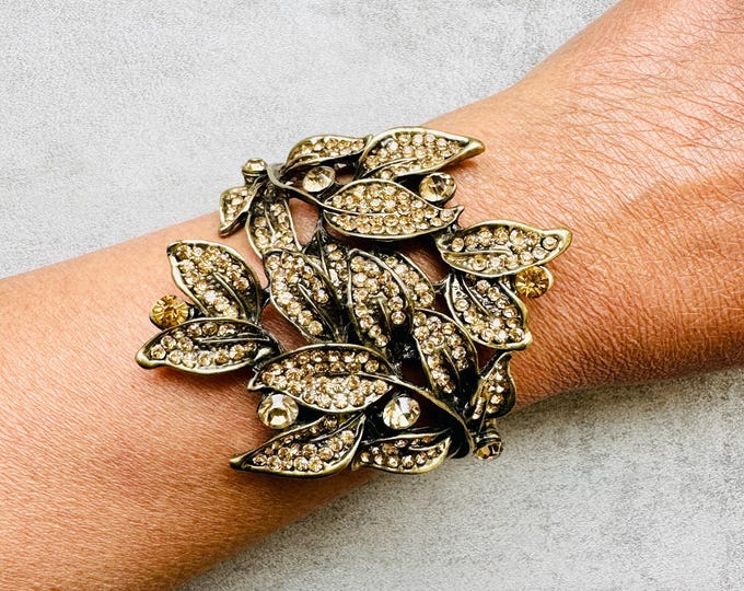 Statement Leaf Cuff Bracelet | Sculptural Gold Rhinestone Bangle | Boho Glam Pre-Loved Jewellery | Bold Wristwear | c.2000s