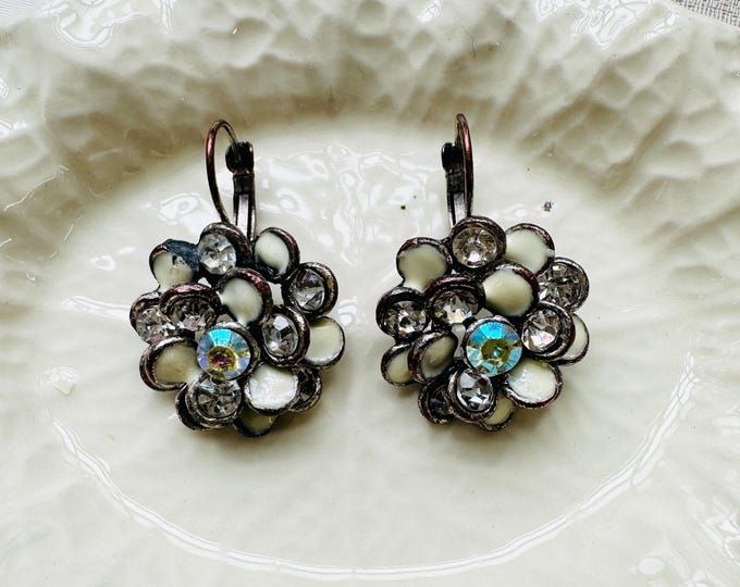1950s vintage floral earrings, enamel & rhinestone, aged patina