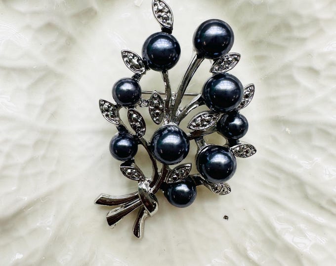 Vintage Faux Pearl & Rhinestone Brooch | Silver Tone Berry Bouquet Pin | Classic Statement Brooch | Gift for Her | c.1990s–2000s