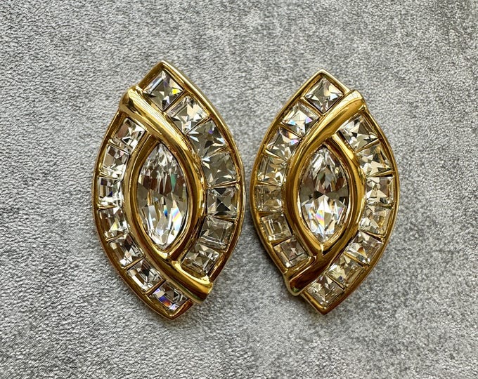 Napier Diamanté Earrings, Vintage Gold Tone Post Earrings with Crystal Stones, 1.5 Inch